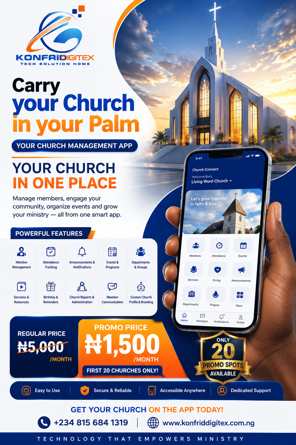 Church Connect main flyer — carry your church in your palm, ₦1,500 per month for the first 20 churches