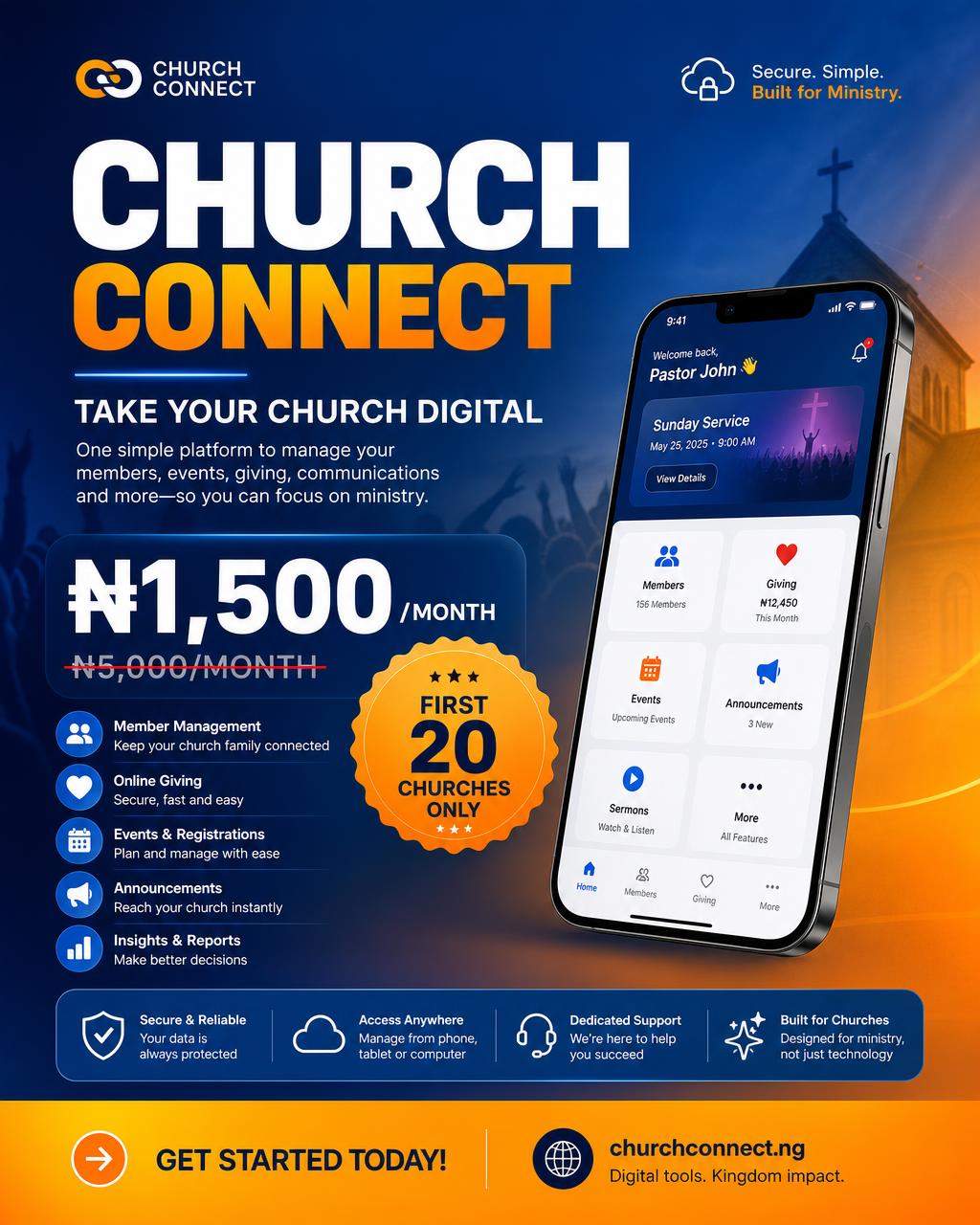 Church Connect promo flyer — ₦1,500 per month for the first 20 churches
